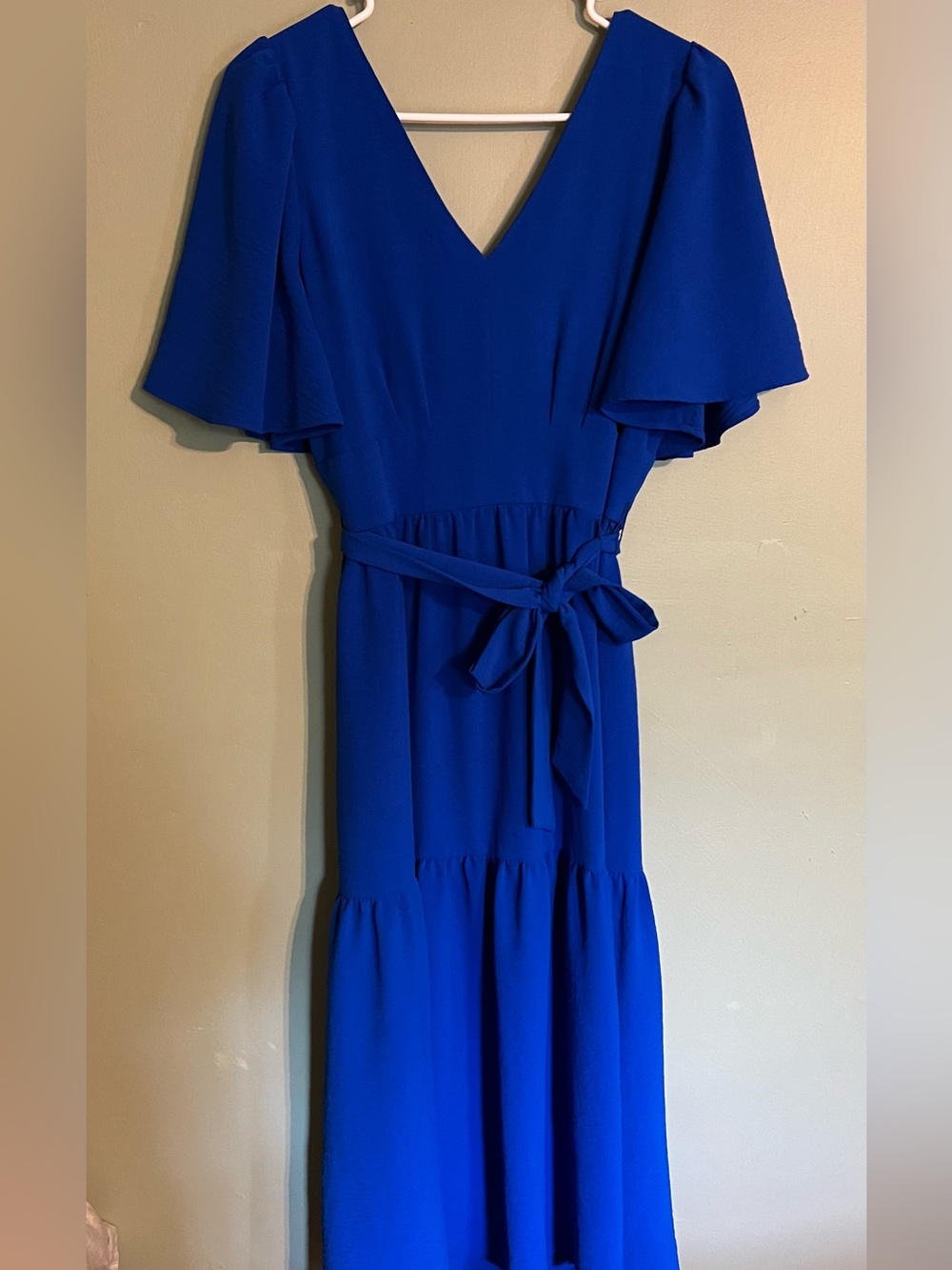 DKNY V-Neck Flutter Sleeve Belted Maxi Dress - Blue